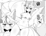  1girl 7a_(se7ena) ahoge animal_ear_fluff animal_ears arms_behind_head arms_up ass bikini breasts closed_mouth cube_hair_ornament double-parted_bangs fox_ears fox_girl fox_tail greyscale hair_ornament highres large_breasts looking_at_viewer monochrome multicolored_hair multiple_views nipples original short_hair single_hair_streak smile spoken_symbol streaked_hair swimsuit tail 