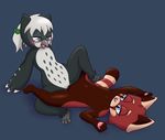  2017 aiko anthro anthrofied avian beak biffalo bird cub digital_media_(artwork) duo facial_markings feathers female female/female feral fukiyo fur fur_markings mammal markings multicolored_fur open_mouth owl pussy red_panda sex simple_background vaginal young 