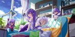  3girls absurdres all_fours angel angel_wings ass bed blue_sky chinese_commentary clothes_hanger commentary_request corderoy demon_girl demon_horns dress gloves halo highres honkai_(series) honkai_gakuen horns indoors lamp long_hair looking_at_viewer multiple_girls no_panties on_bed partial_commentary plant potted_plant purple_eyes sirin sky very_long_hair white_dress white_gloves white_wings window wings yellow_eyes 