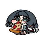  1girl animal_ears black_hair brown_thighhighs chibi chibi_only commentary eating food full_body fur-trimmed_jacket fur_trim green_eyes grey_jacket highres holding holding_food holding_pizza jacket jane_doe_(zenless_zone_zero) long_hair mouse_ears mouse_girl mouse_tail multicolored_hair otu_(o2h2_oh4) pizza pizza_slice red_hair sharp_tail simple_background sitting solo tail thighhighs untranslatable_commentary white_background zenless_zone_zero 