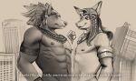 2026 abs accessory american_flag anthro armlet artist_name aztec aztec_clothing beads bodypaint bottomwear bracelet building building_destruction canid canine canis city city_background close-up clothed clothing crown destruction dialogue digital_drawing_(artwork) digital_media_(artwork) domestic_dog egyptian egyptian_clothing english_text eugene_(leerman) face_paint fennec_fox flannel_shirt fox group hair hair_accessory hair_beads hairless hairless_dog headdress headgear hi_res human jewelry larger_anthro larger_male long_hair looking_at_viewer macro macro_anthro macro_male male mammal micro_between_macros micro_human micro_male navel nipple_piercing nipples outside pants piercing pointy_ears prick_ears primitive_dog rei_(voracious-rei) signature size_difference sketch smaller_human smaller_male taylor_(taylornoir) taylornoir text topless topless_anthro topless_male trio true_fox united_states_of_america usekh xoloitzcuintli