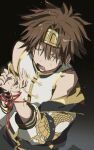  1boy absurdres black_background bound bound_wrists brown_hair chinese_clothes closed_eyes commentary_request fang forehead_protector highres jacket kh_sohot male_focus off_shoulder open_mouth saiyuki short_hair sleeveless solo son_goku_(saiyuki) sweatdrop upper_body 