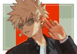  1boy bakugou_katsuki black_jacket blonde_hair boku_no_hero_academia border closed_mouth commentary_request ear_piercing earrings glasses hand_on_own_ear jacket jewelry korean_commentary male_focus outside_border piercing red_eyes ring shirt short_hair solo spiked_hair teeth twitter_username white_border white_shirt yeol2510 