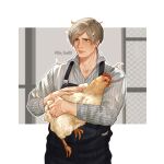 1:1 2025 3_toes 5_fingers accessory arms_bent artist_name avian avian_caruncle bangs beady_eyes beak beak_closed bird black_clothing black_eyes black_overalls blonde_hair blue_eyes capcom chesue00 chicken closed_smile clothed clothed_human clothed_male clothing colored comb_(anatomy) dewlap_(anatomy) digital_drawing_(artwork) digital_media_(artwork) duo english_description eyebrow_through_hair eyebrows farmer feather_in_hair feathers feet female feral fingers fully_clothed fully_clothed_human fully_clothed_male galliform grey_dress_shirt hair hair_accessory happy head_crest hi_res holding_another human larger_human larger_male leon_kennedy light lighting lips loose_feather male mammal mouth_closed orange_beak outline overalls phasianid resident_evil shaded short_hair simple_background size_difference smaller_female smaller_feral smile talons tan_body tan_lips tan_skin text toes translucent translucent_hair wattle white_body white_feathers white_outline