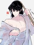  1boy black_hair closed_mouth collarbone commentary_request glaring grey_kimono highres holding holding_sword holding_weapon ishikawa_goemon_xiii japanese_clothes kimono long_hair looking_at_viewer lupin_iii male_focus mohimohinosiri sarashi simple_background solo sword upper_body weapon wet wet_hair 