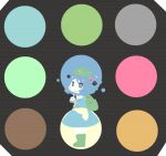  1girl arm_at_side backpack bag black_background blending blue_eyes blue_hair blush_stickers boots bright_pupils circle closed_mouth commentary_request frilled_shirt_collar frills from_side green_bag green_boots green_hat hair_bobbles hair_ornament hand_up hat index_finger_raised inishie kawashiro_nitori key legs_together long_sleeves looking_at_viewer no_lineart no_nose rubber_boots scanlines solo split_mouth standing touhou 