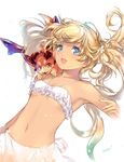  armpits bangs bare_shoulders bikini blonde_hair blue_eyes breasts commentary_request gradient_hair granblue_fantasy green_hair hair_ornament io_euclase layered_bikini midriff min-naraken multicolored_hair navel open_mouth signature simple_background small_breasts swimsuit tan twintails vee_(granblue_fantasy) white_background 