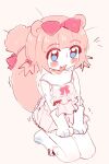  1girl animal_ears animal_hands bare_shoulders blue_eyes blush blush_stickers bow camisole chromu eds fang frilled_camisole frills full_body gloves hair_bow hands_on_own_thighs highres indie_virtual_youtuber kneeling open_mouth paw_gloves paw_shoes pink_bow pink_hair red_bow ribbon seiza short_hair short_twintails shoulder_blush simple_background sitting smile socks solo strap_slip sweat sweatdrop tail tail_bow tail_ornament tail_raised trembling twintails 