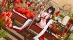  1girl absurdres ahoge armpit_crease azur_lane bare_shoulders black_garter_straps black_hair breasts brown_thighhighs choker cleavage closed_mouth commentary_request dress feather_boa folded_fan folding_fan garter_straps hair_between_eyes hair_ornament halterneck hand_fan hands_up high_heels highres holding holding_fan huge_breasts indoors lantern long_hair looking_at_viewer manjuu_(azur_lane) mg_migan nail_polish no_bra no_panties official_alternate_costume one_side_up paper_lantern red_choker red_dress red_eyes red_nails red_shoes shoes side_slit sideboob single_shoe sitting sleeveless sleeveless_dress smile solo taihou_(azur_lane) taihou_(forbidden_fruit)_(azur_lane) thighhighs thighs very_long_hair 