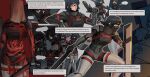  6+girls absurdres android ballistic_shield black_hair blank_speech_bubble corrupted_star_(signalis) covered_face covered_mouth english_text flesh gun highres holding holding_gun holding_weapon mask metal_skin mouth_mask multiple_girls omnlet shield short_hair signalis skin_seams speech_bubble star_(signalis) weapon 