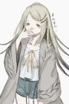  1girl absurdres ageo_skskboy blonde_hair camisole collarbone commentary_request cowboy_shot fingernails gakuen_idolmaster gradient_hair green_shorts grey_hair grey_robe hair_ornament hairclip hand_to_own_mouth hand_up highres idolmaster long_hair long_sleeves looking_at_viewer multicolored_hair open_clothes open_mouth open_robe orange_eyes parallel_hairclips robe shinosawa_hiro shorts single_tear solo standing swept_bangs white_background white_camisole wide_sleeves yawning 