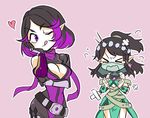  &gt;_&lt; :p angry arm_support bandages belt bodysuit bracer breasts brown_hair cleavage closed_eyes dress elf hair_ornament hand_on_own_face heart medium_hair multicolored_hair multiple_girls nanashiba one_eye_closed paladins pointy_ears ponytail purple_eyes purple_hair scarf short_hair simple_background skye_(paladins) sleeveless sleeveless_dress tongue tongue_out two-tone_hair veil ying_(paladins) 