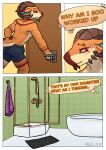 absurd_res anthro bathtub bulge clothing comic dragon eyebrow_piercing facial_piercing floor flustered hi_res horn incest_(lore) male mythological_creature mythological_scalie mythology neo_yin orange_body piercing scalie shower solo speech_bubble stripes tile tile_floor tile_wall towel underwear wall_(structure)