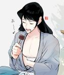  1boy black_hair closed_eyes collarbone commentary_request eating grey_background grey_kimono highres holding holding_skewer ishikawa_goemon_xiii japanese_clothes kimono long_hair lupin_iii male_focus mohimohinosiri open_mouth sarashi signature sitting skewer solo translated 