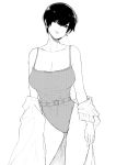  bangs bare_shoulders belt black_hair breasts cleavage collarbone commentary earrings english_commentary facing_viewer greyscale hair_between_eyes highres jewelry large_breasts legs leotard looking_at_viewer monochrome norman_maggot ol-chan_(norman_maggot) original parted_lips pixie_cut short_hair spaghetti_strap standing sweater 