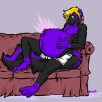  2010 aggrobadger belly big_belly black_fur blonde_hair blush clothed clothing fur hair male male_pregnancy mammal pregnant purple_fur shorts sitting_on_tail skunk sofa topless yukimura 