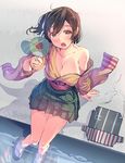  bare_shoulders blush breasts brown_eyes brown_hair cleavage commentary_request daito fan hiryuu_(kantai_collection) japanese_clothes kantai_collection large_breasts off_shoulder one_side_up open_mouth paper_fan pleated_skirt short_hair sitting skirt solo sweat uchiwa 