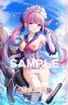  1girl ahoge anchor_hat_ornament anchor_symbol aqua_hair artist_request azur_lane bar_censor bare_shoulders blue_ribbon blue_sky blush braid breasts censored clothing_aside cloud cloudy_sky collarbone commentary_request covered_navel curly_hair day elbow_gloves frilled_one-piece_swimsuit frills gloves hair_ribbon hat_ornament highres hololive large_breasts long_hair looking_at_viewer maid_headdress minato_aqua multicolored_hair neckerchief nipples one-piece_swimsuit open_mouth outdoors pink_eyes pink_hair pink_neckerchief purple_one-piece_swimsuit pussy ribbon sample_watermark second-party_source sky solo streaked_hair swimsuit swimsuit_aside thighhighs thighs torpedo_tubes twintails two-tone_hair virtual_youtuber watermark white_gloves white_one-piece_swimsuit white_thighhighs 
