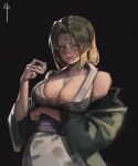  1girl blonde_hair breasts commentary crystal_necklace facial_mark forehead_mark green_haori grey_kimono haori highres huge_breasts japanese_clothes kimono large_breasts mature_female naruto_(series) shitakara4 tsunade_(naruto) 