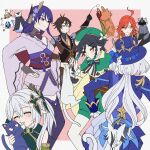  2boys 5girls ahoge animal animal_on_shoulder animalization antenna_hair arlecchino_(genshin_impact) arm_behind_back arm_up armlet arms_at_sides asymmetrical_sidelocks beret black_bow black_bowtie black_gloves black_hair black_thighhighs blue_cat blue_hat blue_jacket blue_pupils blue_sleeves blunt_ends blush border bow bowtie braid bridal_gauntlets brown_cat brown_coat brown_hair brown_shirt brown_sleeves cape capelet capitano_(genshin_impact) caramelo_game cat cat_on_shoulder cheek_press chinese_knot choppy_bangs closed_eyes closed_mouth coat columbina_(genshin_impact) commentary contrast_collar detached_sleeves dottore_(genshin_impact) dress earrings facing_animal fan_hair_ornament fighting flower frilled_sleeves frills furina_(genshin_impact) gem genshin_impact gloves gold gradient_hair green_capelet green_dress green_gem green_hair green_hat green_shorts green_sleeves grey_bridal_gauntlets grey_cat grey_shrug hair_flower hair_ornament hand_on_own_hip hand_up hat hat_flower hat_ornament head_wings helm helmet highres holding holding_animal holding_cat huge_ahoge jacket japanese_clothes jewelry kimono leaf_hat_ornament long_hair long_sleeves looking_at_animal mandarin_collar mavuika_(genshin_impact) middle_ring mini_hat mini_top_hat mole mole_under_eye multicolored_hair multiple_boys multiple_girls nahida_(genshin_impact) nervous_sweating obi obiage obijime orange_cat pantyhose pink_eyes purple_cat purple_flower purple_gem purple_hair purple_kimono purple_sash purple_sleeves raiden_shogun red_hair red_sash sandrone_(genshin_impact) sash scaramouche_(cat)_(genshin_impact) scaramouche_(genshin_impact) shirt short_kimono shorts shoulder_pads shrug_(clothing) side_ponytail sidelocks signora_(genshin_impact) smile sneezing star_(symbol) star_earrings sweat tartaglia_(genshin_impact) tassel thighhighs top_hat tsurime twin_braids undershirt untranslatable_commentary venti_(genshin_impact) very_long_hair vision_(genshin_impact) white_border white_cat white_dress white_flower white_hair white_pantyhose white_shirt white_wings wide_sleeves wing_collar wing_hair_ornament wings yellow_cape yellow_eyes zhongli_(genshin_impact) 