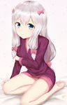  bangs bare_legs barefoot bed_sheet blue_eyes bow breasts cleavage closed_mouth collarbone commentary_request eromanga_sensei eyebrows_visible_through_hair hair_bow hand_on_own_arm highres izumi_sagiri long_hair long_sleeves looking_at_viewer low-tied_long_hair nenosame panties pantyshot pantyshot_(sitting) pink_bow purple_sweater sidelocks silver_hair simple_background sitting small_breasts smile solo sweater tareme underwear very_long_hair white_background white_panties yokozuwari 