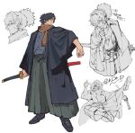  black_coat black_hair black_shoes coat collared_coat fate/grand_order fate_(series) full_body grey_hakama grey_kimono hair_over_one_eye hakama highres holding holding_sword holding_weapon japanese_clothes katana kimono lack looking_at_viewer okada_izou_(fate) orange_eyes orange_scarf ponytail scarf sheath sheathed shoes simple_background sketch sparse_stubble sword weapon white_background 