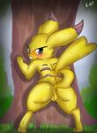  2017 3_fingers anus barefoot big_butt blush brown_fur butt cleft_tail detailed_background digital_media_(artwork) e-01 feet female feral forest fur grass half-closed_eyes looking_at_viewer looking_back mammal multicolored_fur nintendo nude outside pawpads paws pikachu pok&eacute;mon presenting pussy rodent seductive shadow simple_background sky smile solo spread_legs spreading teeth thick_thighs toes tree video_games wood yellow_fur 