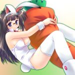  1girl animal_ear_hairband animal_ears bare_shoulders black_hair blue_eyes bow bowtie breasts cleavage closed_mouth commentary_request detached_collar fake_animal_ears fake_tail feet_out_of_frame glasses gradient_background green_background green_outline hairband holding holding_stuffed_toy leotard long_hair looking_at_viewer medium_breasts nyaou_(round_facer) original outline playboy_bunny rabbit_ears rabbit_tail red_bow red_bowtie round_eyewear smile solo strapless strapless_leotard stuffed_carrot stuffed_toy tail thighhighs white_hairband white_leotard white_thighhighs wrist_cuffs 