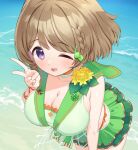  1girl ;d alternate_breast_size_(larger) bikini bikini_skirt blush braid breasts brown_hair choker cleavage commentary_request corsage eichisu frilled_choker frilled_skirt frills from_above green_bikini green_choker grey_sailor_collar hair_ornament hairclip koizumi_hanayo large_breasts leaning_forward love_live! love_live!_school_idol_festival love_live!_school_idol_project ocean official_alternate_costume official_alternate_hairstyle one_eye_closed open_mouth orange_choker purple_eyes sailor_bikini sailor_collar short_hair side_braid skirt smile solo swept_bangs swimsuit v 