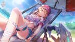  1girl arm_at_side baseball_cap beach beach_umbrella bikini bikini_under_clothes blonde_hair blue_shorts blue_sky blurry bracelet chair closed_eyes commentary cutoffs day deck_chair denim denim_shorts depth_of_field dutch_angle earrings english_commentary eyelashes facing_viewer feet_out_of_frame folding_chair foreshortening gold_bracelet hair_between_eyes hand_on_own_stomach hat heaven_burns_red highleg highleg_bikini highres jewelry knee_up leg_ribbon long_hair lying multiple_bracelets ocean official_alternate_costume official_art official_wallpaper on_back outdoors parted_lips pink_hat red_bikini ribbon see-through_clothes see-through_shirt shirt short_shorts shorts sidelighting sidelocks skindentation sky sleeping solo stomach sunlight swimsuit t-shirt thigh_strap thighs tied_shirt toujou_tsukasa toujou_tsukasa_(a_breath_of_air) umbrella very_long_hair weapon white_ribbon white_shirt 
