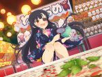  1girl bebe-tan black_hair blue_kimono blunt_bangs blush body_blush candy character_print collarbone cotton_candy eyepatch failure fang festival fish fish_tank flat_chest floral_print floral_print_kimono food food_stand fox_mask frustrated goldfish goldfish_scooping hannya japanese_clothes kimono knee_blush lantern leaf long_hair market_stall mask mirai_(senran_kagura) mitsudomoe_(shape) night ninto_(senran_kagura) noh_mask obi official_art oni_mask open_mouth paper_lantern poi_(goldfish_scoop) pontarou_(senran_kagura) print_kimono rabbit_mask red_eyes sash senran_kagura senran_kagura_new_link senran_kagura_shoujo-tachi_no_shin'ei small_sweatdrop solo summer_festival tomoe_(symbol) tree ushiwakamaru_(senran_kagura) water wide_sleeves yukata 