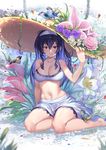  absurdres animal animal_on_leg bangs bare_shoulders barefoot big_hat bikini_top bird black_hair blue_jay blurry blush breasts cleavage closed_mouth collarbone daisy depth_of_field flower grass hair_between_eyes hairband hand_on_headwear hat hat_flower highres huge_filesize kasumigaoka_utaha large_breasts leaf lily_(flower) long_hair looking_at_viewer navel on_ground outdoors paid_reward patreon_reward petals pink_flower plant purple_flower purple_rose raijuu_(bakanara) red_eyes rose saenai_heroine_no_sodatekata sitting skirt smile solo straw_hat sun_hat vines white_bikini_top white_hairband white_skirt yokozuwari 