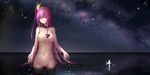  bangs breasts chinese_commentary collar commentary_request eyebrows_visible_through_hair heart highres horizon long_hair looking_at_viewer medium_breasts navel night night_sky nipples nude ocean one_side_up original outdoors parted_lips partial_commentary purple_eyes purple_hair sky solo star_(sky) starry_sky wading wangchuan_de_quanyan 