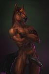  2017 abs abstract_background anthro balls biceps big_penis black_fur black_nose black_penis black_tail brown_fur chunie crossed_arms digital_media_(artwork) equine erection foreskin fur glans hair hi_res horse humanoid_penis looking_at_viewer male mammal muscular muscular_male nude orange_eyes partially_retracted_foreskin pecs penis precum smile solo standing uncut vein veiny_penis 