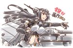  black_gloves black_hair elbow_gloves fingerless_gloves gloves headgear kantai_collection karasu_(naoshow357) long_hair machinery midriff nagato_(kantai_collection) navel red_eyes remodel_(kantai_collection) simple_background solo upper_body white_background 