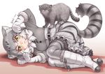  3: animal animal_ears animal_print belt black_belt boots buttons cat cat_ears cat_tail clenched_hands closed_mouth eyebrows_visible_through_hair frilled_skirt frills full_body fur-trimmed_boots fur-trimmed_sleeves fur_trim gloves gradient_hair grey grey_hair grey_legwear grey_shirt grey_skirt high-waist_skirt kemono_friends knee_boots kosai_takayuki legs_together long_sleeves looking_at_viewer lying multicolored_hair on_side onomatopoeia pallas's_cat pallas's_cat_(kemono_friends) pantyhose paw_pose petticoat print_gloves print_legwear print_skirt shadow shirt short_hair skirt spotted_hair striped striped_gloves striped_legwear striped_skirt striped_tail tail translation_request tsurime two-tone_hair whiskers white_background white_footwear white_gloves white_hair yellow_eyes 