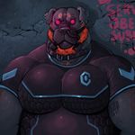 2016 anthro beard biceps big_pecs black_fur black_nose brown_fur bust_portrait canine clothed clothing collar dark_theme detailed_background digital_media_(artwork) dog dramamine ear_piercing eyebrow_piercing facial_hair facial_piercing floppy_ears front_view fur graffiti green_eyes lip_piercing male mammal manly multicolored_fur musclegut muscular muscular_male nose_piercing nose_ring pecs piercing portrait rottweiler septum_piercing serious shirt snout solo tight_clothing two_tone_fur 