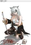  1girl absurdres animal_ears aqua_eyes arknights artist_name bare_shoulders black_nails black_pantyhose blood blood_on_face blood_on_weapon breasts cannibalism chinese_commentary cleavage commentary_request corpse covered_nipples dated eyeball fingernails full_body grey_hair hair_between_eyes highres knight_fault lappland_(arknights) large_breasts long_hair looking_at_viewer mouth_hold nail_polish navel organs pantyhose planted planted_sword simple_background skull solo sword tail torn_clothes torn_pantyhose weapon white_background wolf_ears wolf_girl wolf_tail 