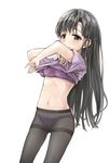  black_eyes black_hair blush fuente highres idolmaster idolmaster_cinderella_girls kobayakawa_sae long_hair navel panties panties_under_pantyhose pantyhose shirt_lift simple_background solo sports_bra sweat underwear undressing white_background 