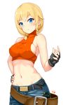  absurdres alternate_costume bad_id bad_pixiv_id bare_shoulders belt black_gloves blonde_hair blue_eyes blue_mary blue_mary_(cosplay) breasts cosplay covered_nipples denim fatal_fury gloves hand_on_hip highres looking_at_viewer loose_belt low_ponytail medium_breasts midriff navel no_bra rodney_(zhan_jian_shao_nyu) short_hair sideboob snk solo stomach the_king_of_fighters turtleneck zhan_jian_shao_nyu zhudacaimiao 