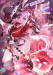  1girl arm_up black_boots black_gloves black_hat boots commentary english_commentary full_body gloves hand_up hat high_heel_boots high_heels highres honkai:_star_rail honkai_(series) leg_up long_hair long_sleeves mark_under_eye one_eye_closed open_mouth rchella single_glove single_sock skirt smile socks solo sparkle_(honkai:_star_rail) sparxie_(honkai:_star_rail) top_hat twintails upper_body v very_long_hair white_hair white_skirt white_socks wide_sleeves 