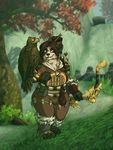  anthro armor avian beak bear bird bow claws clothed clothing day detailed_background digital_media_(artwork) duo feathers female feral forest fur hair hawk holding_object holding_weapon looking_at_viewer mammal outside panda pandaren plant ranged_weapon size_difference smile standing tree video_games voluptuous warcraft weapon wings xuza 