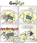  1girl animalization blonde_hair cat cat_focus comic english genji_(overwatch) mercy_(overwatch) overwatch pigeoneer_jane scratches sleep_mask 