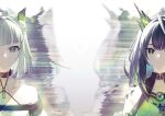  2girls animal_ear_fluff animal_ears arknights bare_shoulders black_eyes black_hair blue_hair blunt_bangs bright_pupils closed_mouth collarbone colored_inner_hair commentary coz_xia english_commentary fading glitch green_eyes green_hair grey_hair halterneck highres kal'tsit_(arknights) light_particles long_hair looking_at_viewer material_growth mon3tr_(arknights) multicolored_hair multiple_girls off_shoulder oripathy_lesion_(arknights) portrait prts_logo_(arknights) short_hair spoilers surreal white_background white_pupils 