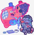  1girl alcohol baseball_cap beer beer_mug black_hat blue_eyes blue_hair chibi chibi_only commentary_request cup denim drink fang full_body hat highres holding jeans liver long_hair mug open_mouth original pants pill simple_background solo terada_tera torn_clothes torn_jeans torn_pants white_background 