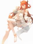  1girl absurdres anklet arknights bare_legs bare_shoulders barefoot bikini bikini_under_clothes bloom breasts brown_horns closed_mouth commentary criss-cross_halter detached_sleeves double-parted_bangs dress dress_flower flower foot_out_of_frame frilled_dress frilled_sleeves frills front_slit hair_between_eyes hair_rings halterneck hand_up highres holding holding_own_hair horns jewelry knee_up leg_up light_blush light_smile long_dress long_hair looking_at_viewer medium_breasts multiple_thigh_straps navel official_alternate_costume purple_eyes red_hair side-tie_bikini_bottom simple_background single_hair_ring skirt_hold sleeveless sleeveless_dress solo standing standing_on_one_leg stomach surtr_(arknights) surtr_(colorful_wonderland)_(arknights) sway_back swimsuit thigh_bow thigh_strap untranslatable_commentary white_background white_dress white_sleeves zhuozhuozhuo 