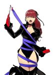  1girl black_boots black_choker black_jacket boots bound bound_torso breasts chain choker closed_eyes commentary embarrassed frilled_sleeves frills gloves highres igusaharu jacket leotard persona persona_5 persona_5_the_royal ponytail red_gloves red_hair ribbon ribbon_baton solo sweatdrop thighhighs thighs violet_(persona_5) white_background yoshizawa_kasumi 