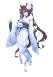  1girl absurdres alternate_costume animal_ears astra_chichi beret blue_eyes blue_ribbon blush breasts brown_hair butterfly_hair_ornament commentary_request ear_covers full_body hair_between_eyes hair_ornament hat highres horse_ears horse_girl horse_tail japanese_clothes kimono long_hair long_sleeves looking_at_viewer mole mole_under_eye multicolored_hair open_mouth ribbon shirt shoes simple_background single_ear_cover smile socks solo streaked_hair tail twintails umamusume vivlos_(umamusume) white_background white_hat white_kimono white_shirt white_socks 