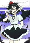  1girl absurdres bird_wings black_bow black_bowtie black_skirt black_wings blue_sky bow bowtie camera closed_eyes cloud collared_shirt commentary_request day facing_viewer frilled_skirt frills hat highres holding holding_camera kuromaru_ira looking_at_viewer open_mouth pointy_ears pom_pom_(clothes) puffy_short_sleeves puffy_sleeves red_hat shameimaru_aya shirt short_hair short_sleeves skirt sky smile solo tokin_hat touhou translation_request white_shirt wings 