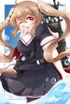  1girl black_serafuku black_shirt black_skirt brown_eyes brown_hair commentary_request highres kantai_collection long_hair mochibe_hoshii murasame_(kancolle) one_eye_closed pleated_skirt rigging sailor_collar sailor_shirt school_uniform serafuku shirt skirt solo tongue tongue_out twintails water white_sailor_collar 